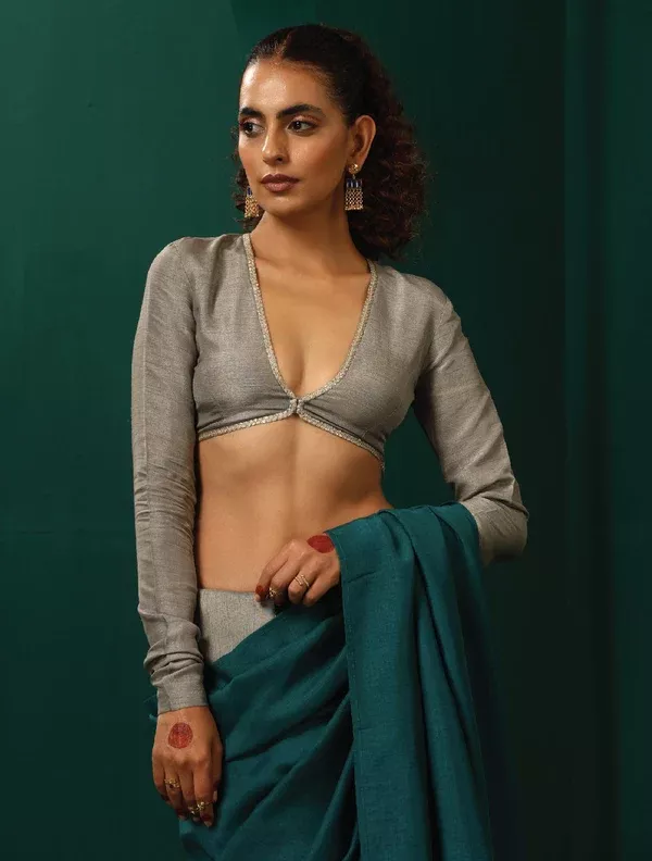 trueBrowns Grey Silk Full Sleeve Blouse - 2XS