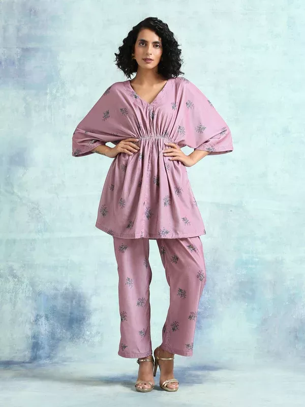trueBrowns Light Mauve Printed Velvet Co-Ord Set - 2XS