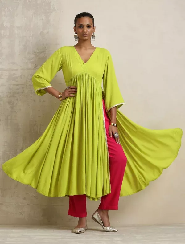 trueBrowns Lime Crinkle Anarkali Flared Kurta Set - XS