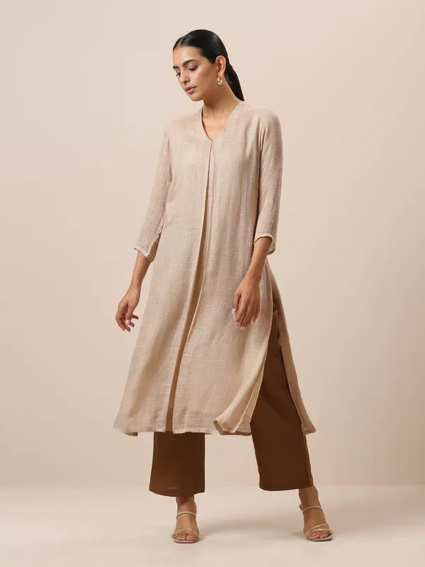 trueBrowns Linen Beige Textured Slit Kurta Pant Set - 2XS