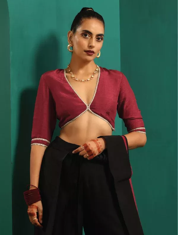 trueBrowns Maroon Silk Gota Blouse - 2XS