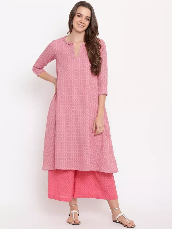 trueBrowns Pink Grid Dobby Kurta-Contrast Palazzo - 2XS