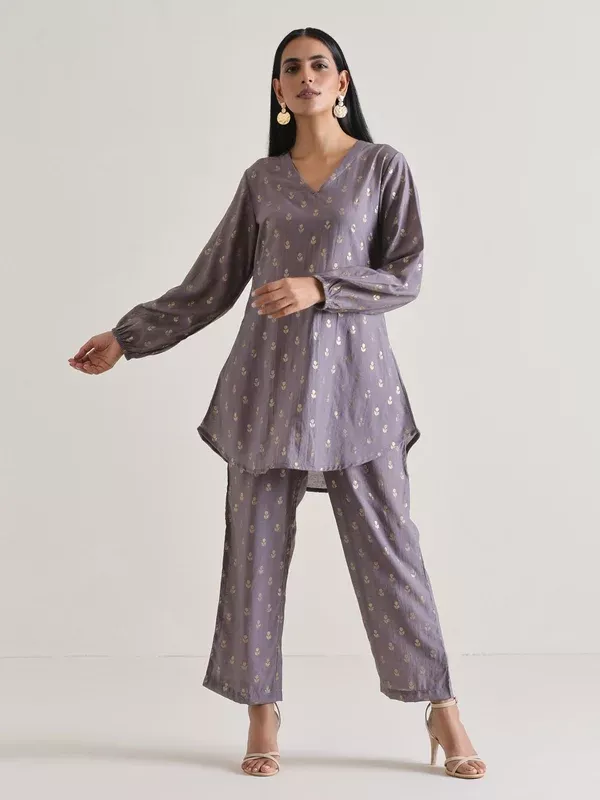 trueBrowns Plum Grey Foil Short Co-Ord Set - 2XS