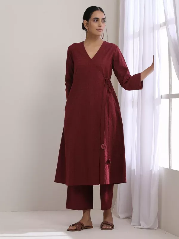 trueBrowns Ruby Wine Dobby Angrakha Pant Set - 2XS