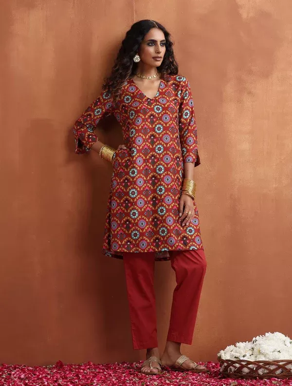 trueBrowns Rust Print Kurta Co-ord Set - 2XS
