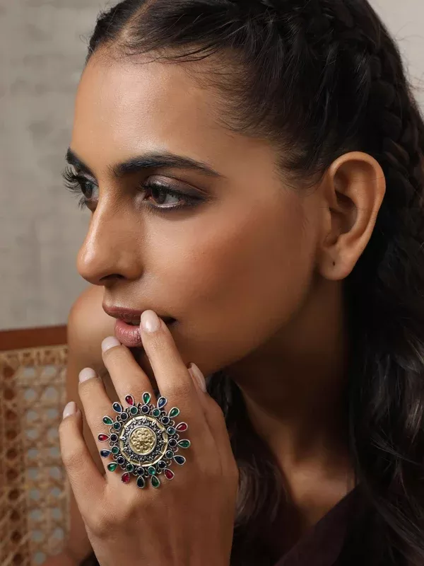 trueBrowns Silver Gold Tone Mandala Ring - Freesize