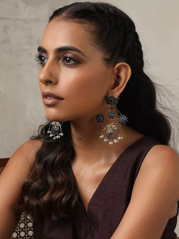 trueBrowns Silver Tone Chandbali Earrings - Freesize