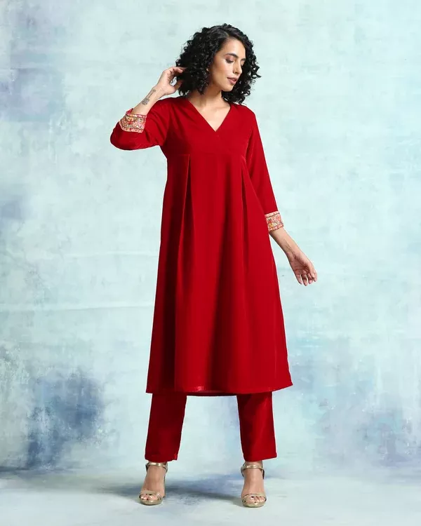trueBrowns True Red Velvet Yoke Kurta - 2XS
