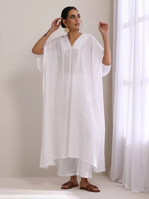 trueBrowns White Dobby Panel Kaftan Kurta Pant Set - 2XS