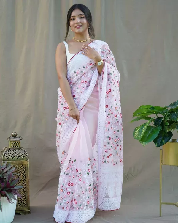 Vamsee Baby Pink Organza Saree