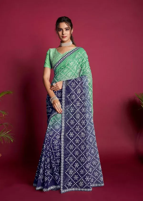 Vamsee Green And Blue Georgette Designer Saree
