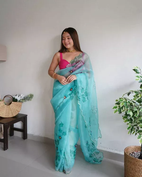 Vamsee Lime Green Organza Saree