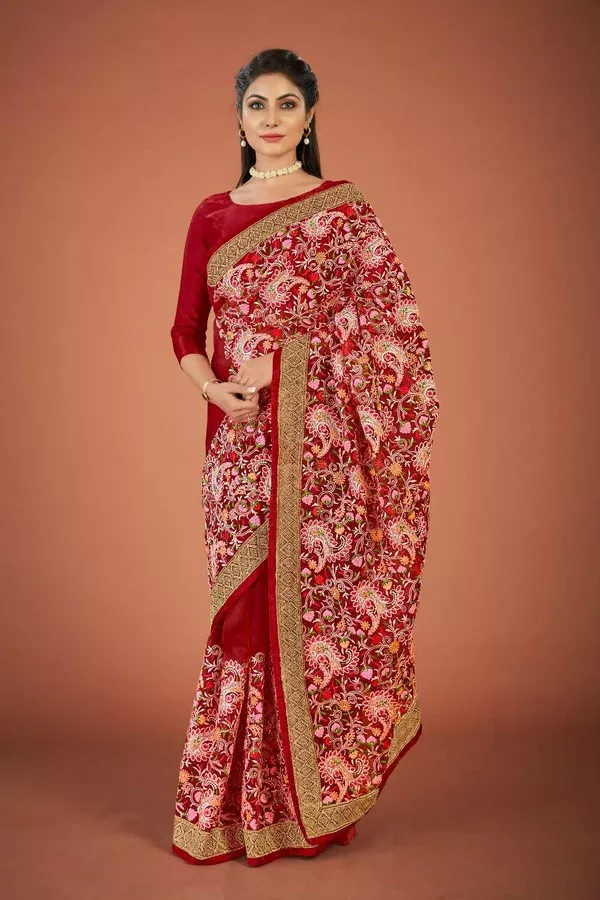 Vamsee Maroon Organza Saree