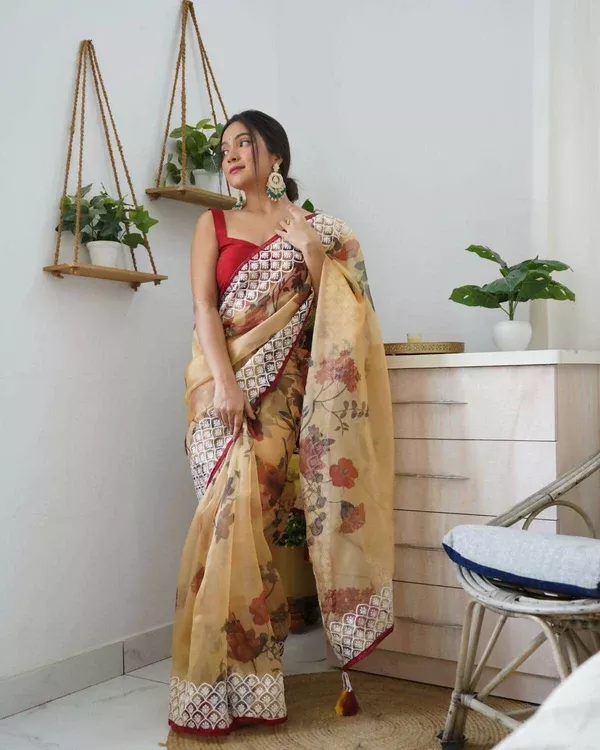 Vamsee Mustard Organza Saree