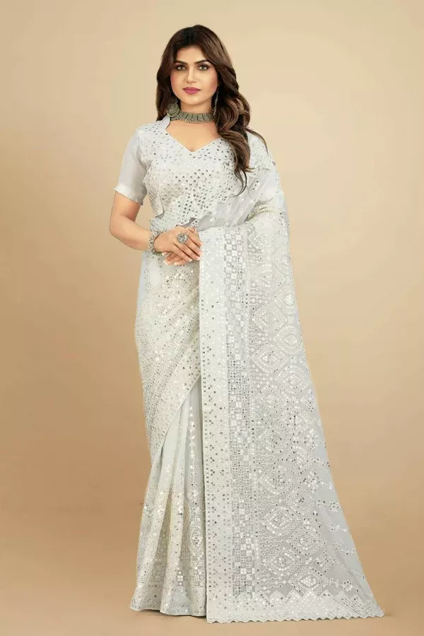 Vamsee White Georgette Designer Saree