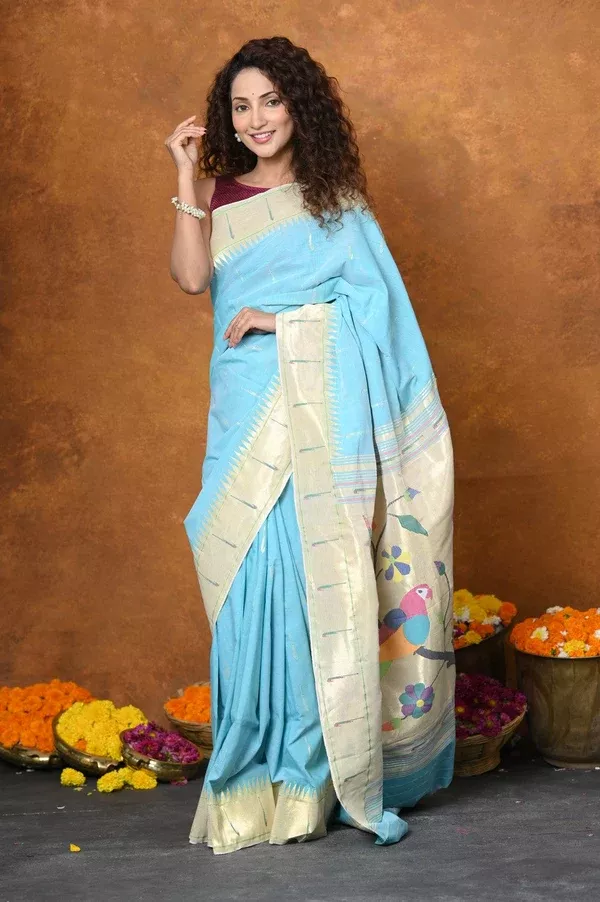 Very Much Indian Authentic Handloom Pure Cotton Paithani with Handcrafted Parrot Pallu - Forest Green