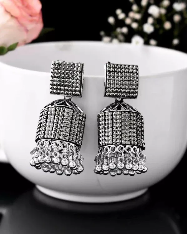 VOJ Black-Toned AD Studded Square Dome Shaped Jhumka Earrings