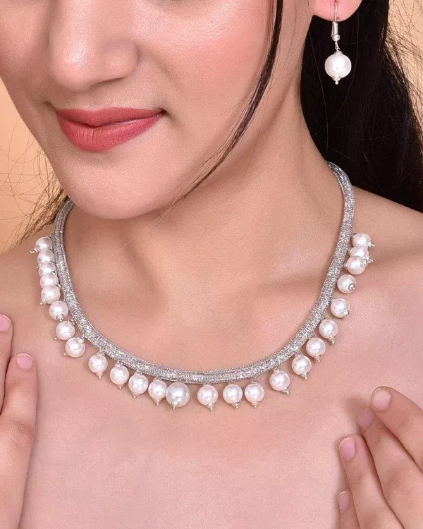 VOJ Silver Plated Pearls and AD-Studded Necklace & Earrings