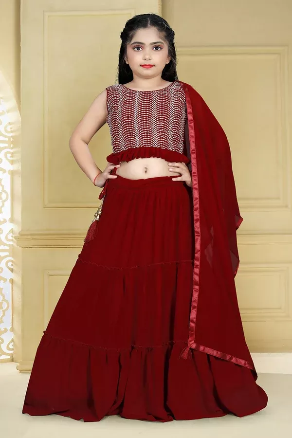 Wedding Designer Maroon Georgette Kidswear Lehenga - Aaradhna - 24