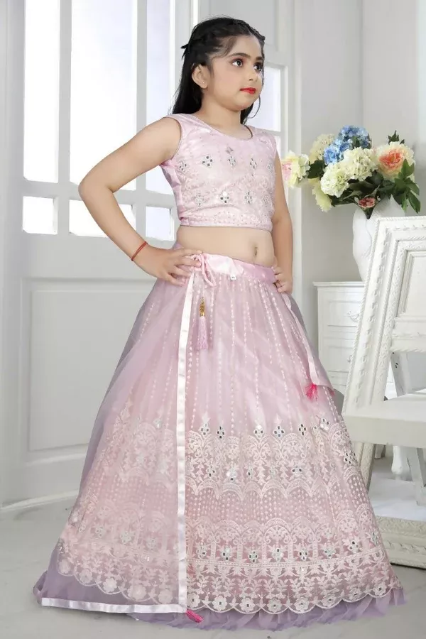 Wedding Designer Pink Net Kidswear Lehenga - Aaradhna - 24
