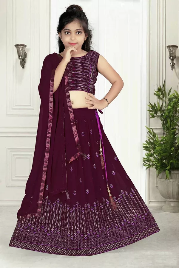 Wedding Designer Wine Pure Georgette Kidswear Lehenga - Aaradhna - 24