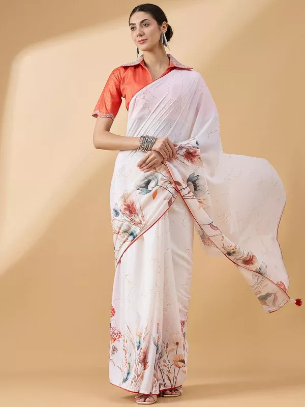 White Chiffon Floral Printed Saree with Stitched Blouse - Dharavi