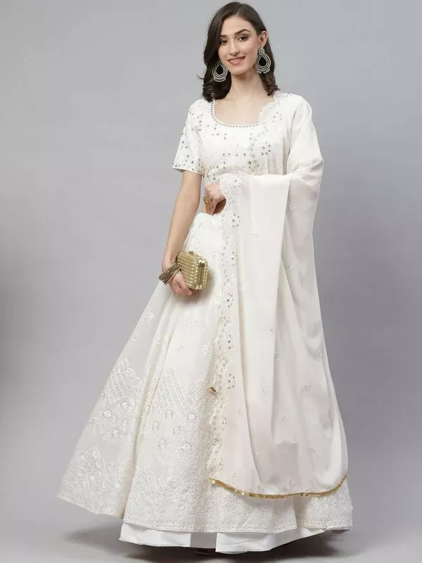 White Georgette Thread with Sequins Embroidered work Lehenga Choli with Dupatta - Jivika - Stitched Upto 42
