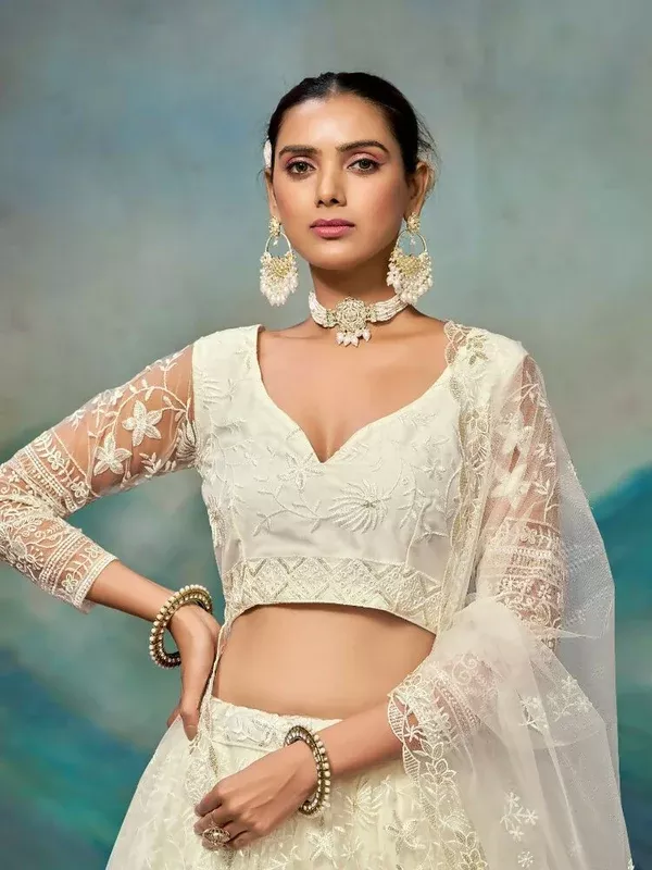 White Net Thread Sequence Embroidery Lehenga Choli - Jihu Culture - XXS