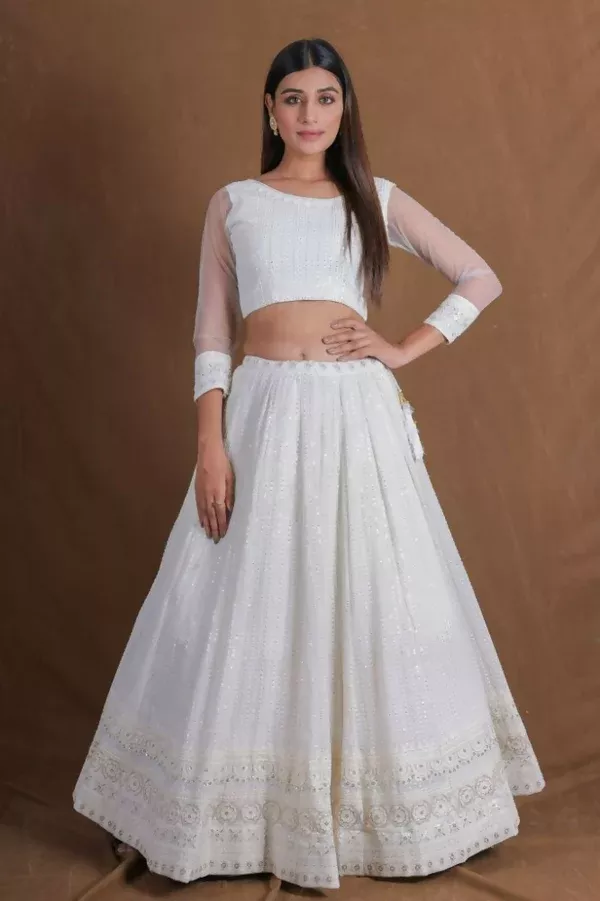 White Thread Sequenve Embroidery Work Lehenga Choli Set - Jihu Culture - XXS