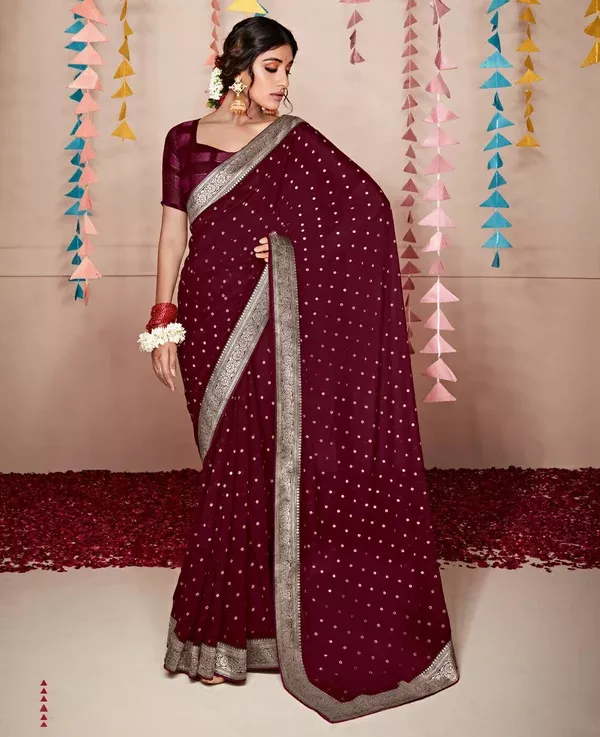 Wine Georgette Foil Printed Saree With Unstitched Blouse Piece - Nitya