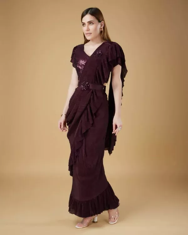 Wine Imported Crush Solid Ready to Wear Saree with stitched Blouse - Aayan - Free Size
