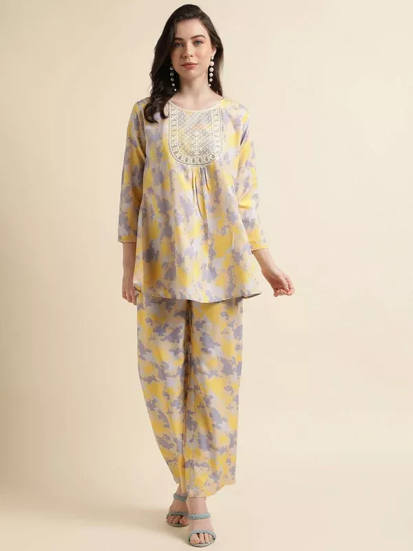 Yellow & Grey Poly Crepe Digital Printed Top with Matching Bottom - Preeti - S