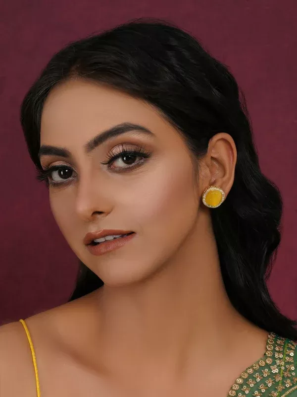 Yellow Stone Kundan Studs (yellow) - Ruby Raang - One Size