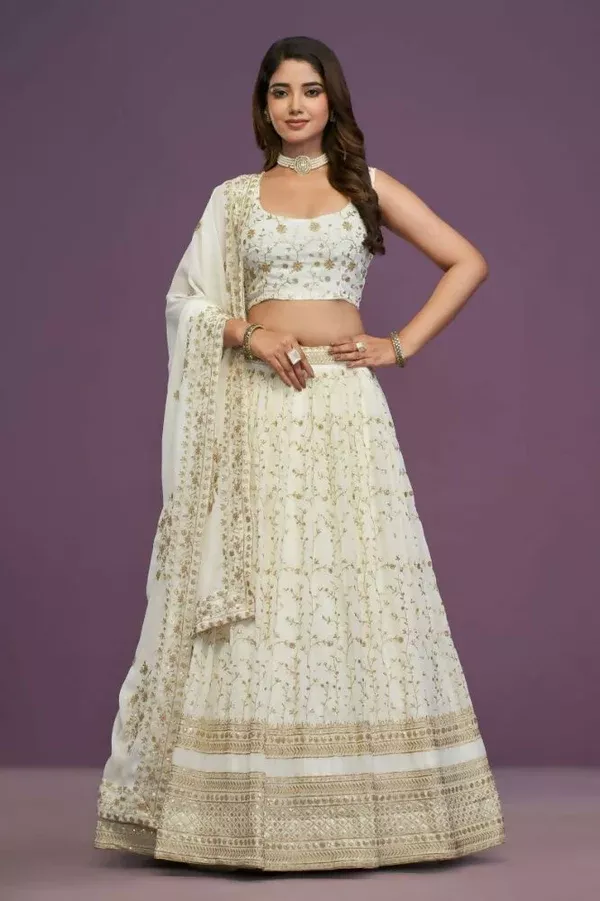 Zari Sequene Embroidery Wok Georgette White Lehenga Choli - Jihu Culture - XXS
